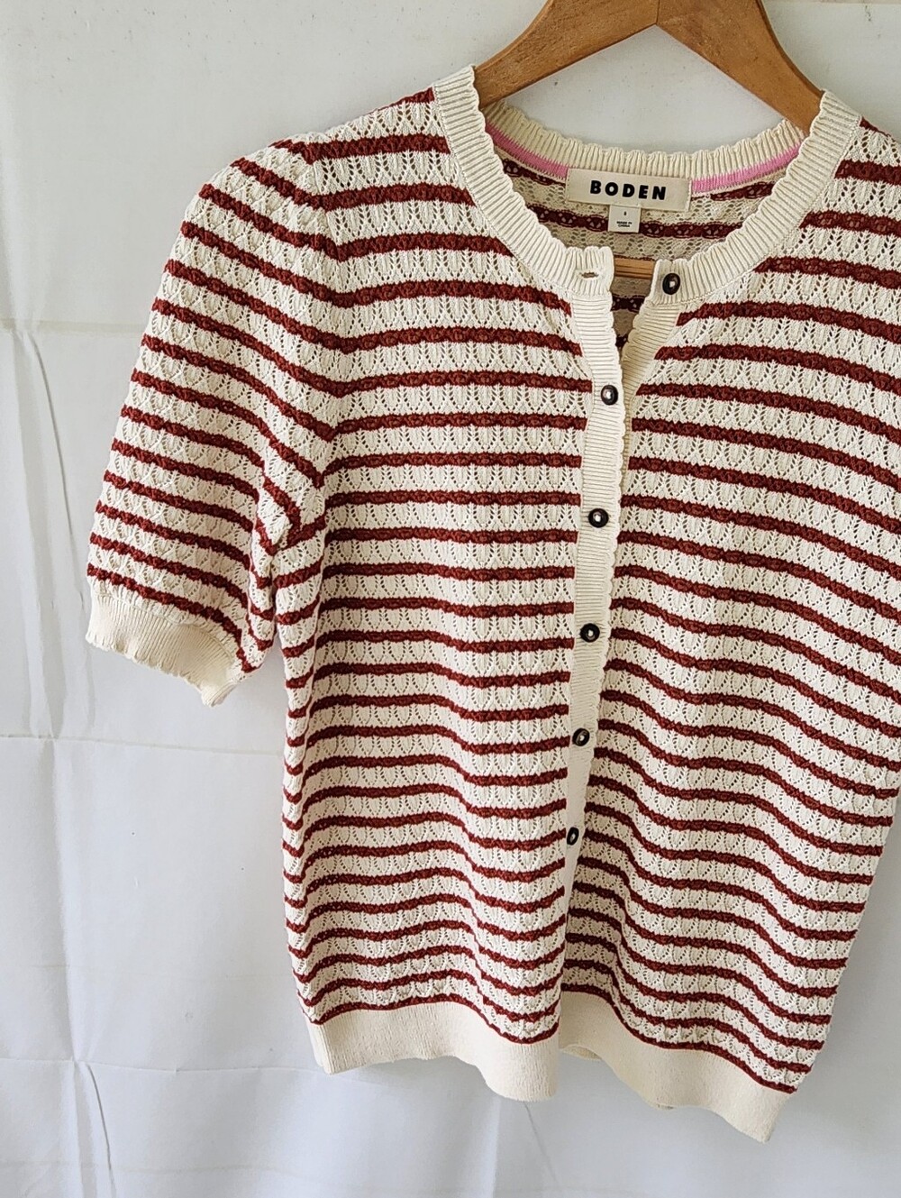 Boden Dot Pointelle Striped Short Sleeve Cardigan - Picture 7 of 14